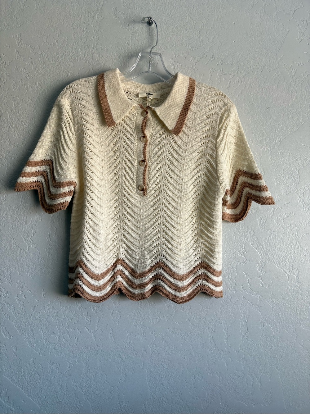 ❤️NEW entro Cream Knit Polo Top with Brown Stripe Trim
